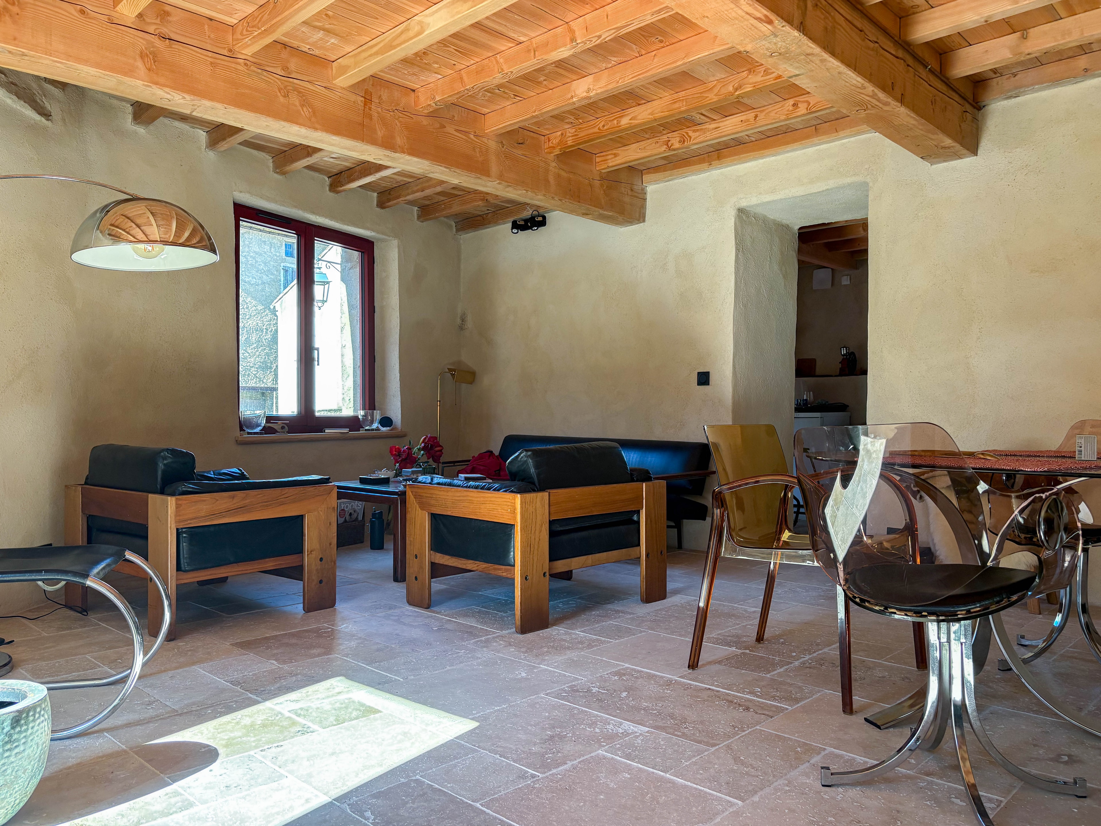 Interior living space with exposed wooden beams